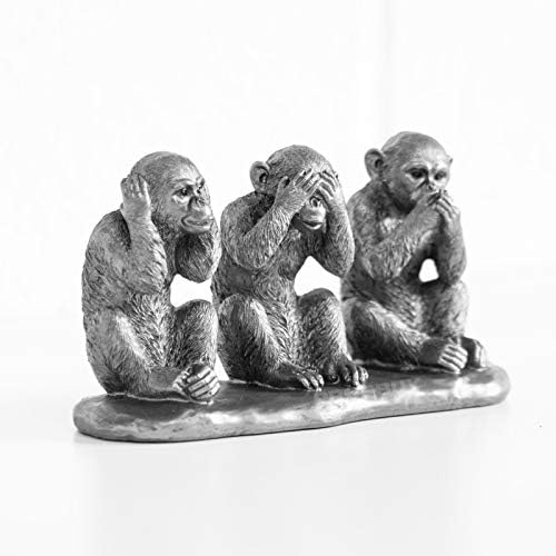 Resin Highly Detailed Three Wise Monkeys on Base Ornament Statue Figurine Sculpture (Silver)