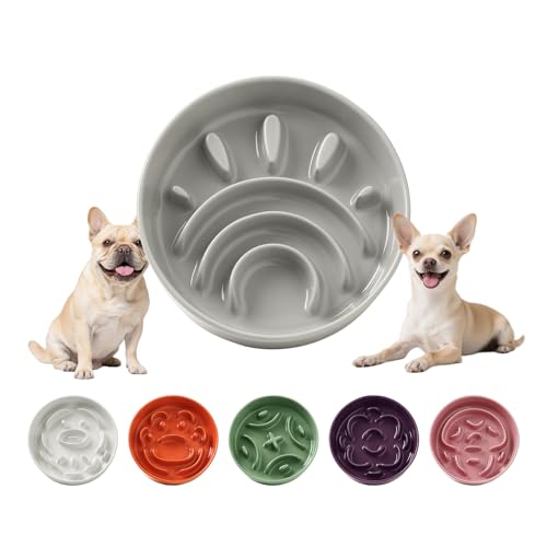 Anti- Schling- Futternapf Hund Keramik- Labyrinth Fressnapf für Trockenfutter & Nassfutter- Langsames Fressen für Kleine Hunde- 80 g- 16 cm- Grau