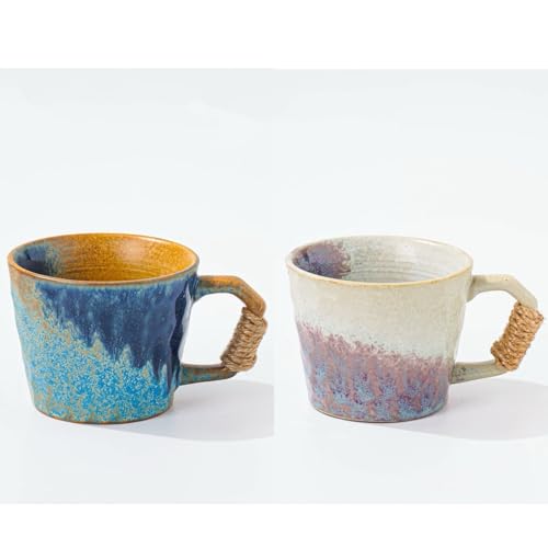 Unique Retro Vintage Japanese Style Primitive Handmade Ceramic Coffee Mug set of 2, Lead-Free Glaze Couple Mugs, Comfortable handle Pottery matching cups for anniversaries and Valentine's Day
