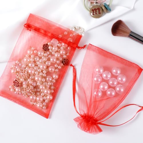Image of Hopttreely 100pcs Organza Bags, 4 x 4.72 inches Red Christmas Wedding Favors Christmas Gift Drawstring Bags Jewelry Pouches