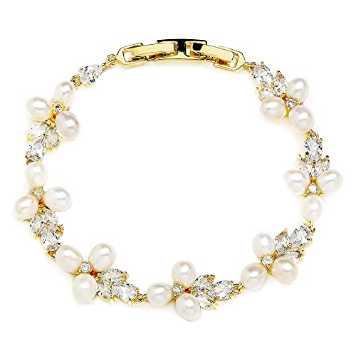 Mariell Freshwater Pearl Gold Bridal Bracelet, 7 1/8" Plus 1/2" Extender, Wedding Jewelry Gift For Women #TOP20