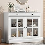 GarveeHome 35.4 in Sideboard Buffet Cabinets with Glass Door, Buffet Cabinet with Storage, White Sideboard Cabinet with Drawer, Modern Buffets & Sideboards for Dining Room, Kitchen