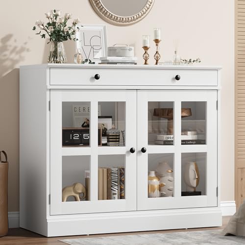 GarveeHome 35.4 in Sideboard Buffet Cabinets with Glass Door, Buffet Cabinet with Storage, White Sideboard Cabinet with Drawer, Modern Buffets & Sideb