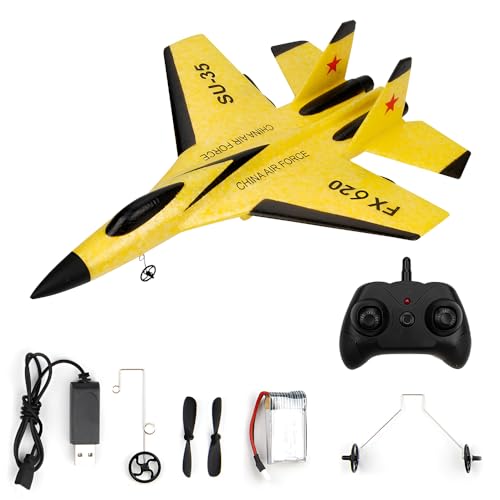 RNPKZ Remote Control Plane 2CH 2.4Ghz RC Plane Remote Control Wireless Airplane Toy RC Planes Ready To Fly SU-35 Foam RCPlane with LED Light Strip RCGlider Planes for Kids Beginners Adult(Yellow)