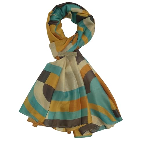 Image of GFM® Women's Abstract Geometric Print Lightweight Soft Spring Summer Scarf-All Seasons Ladies Wrap (FP3) (Geo Shapes-Brown Yellow)(PSCF-FP3-FLD-25016-KEKPLA)
