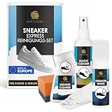 SOLITAIRE Express Sneaker Reinigungs Set für alle Sneaker & alle Materialien Schuh-Reiniger, Sohlen-Reiniger, Sneaker Whitener Deckweiß, Schuhputzmittel-Set 5-teilig inkl. Schwamm & Mikrofasertuch