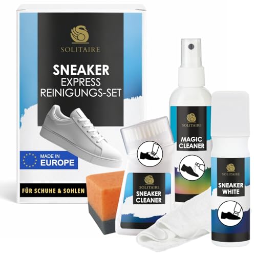 SOLITAIRE Express Sneaker Reinigungs Set für alle Sneaker & alle Materialien Schuh-Reiniger, Sohlen-Reiniger, Sneaker Whitener Deckweiß, Schuhputzmittel-Set 5-teilig inkl. Schwamm & Mikrofasertuch