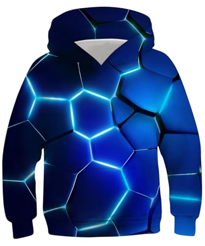 Kids4ever Unisex 3D Blue Geometry Hoodies for Kids Funny Printed Pullover Hooded Sweatshirt Pockets Age 8-11