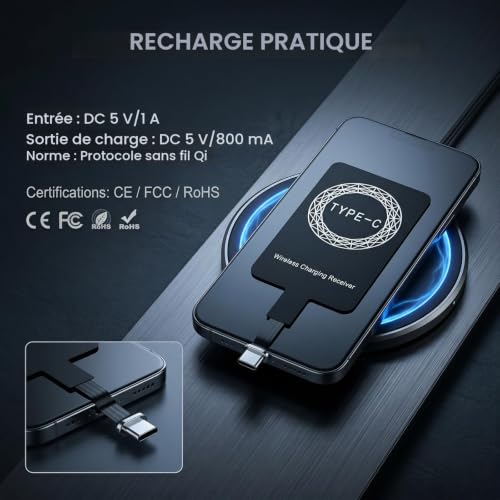 Cagrin Adaptateur Récepteur de Charge sans Fil Qi USB‑C 5V 1A – vue 2