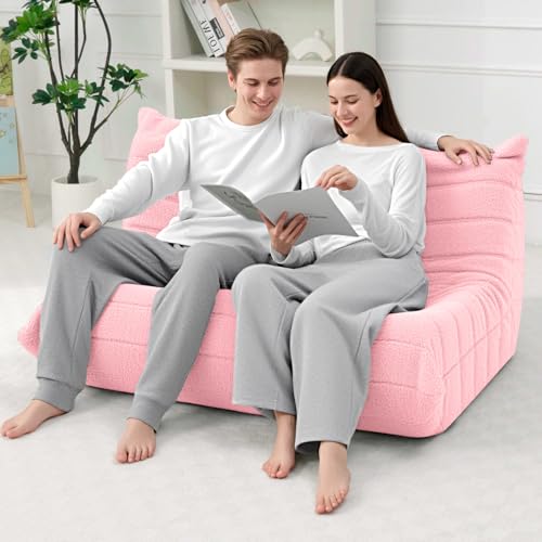Image of HABUTWAY Bean Bag Chairs Fireside Lazy Floor Sofa,2 Seater,Pink | Soft Teddy Fleece 2 Seater Sofa with High-Resilience Foam Filling,Beanbag for Living Room, Bedroom, Office