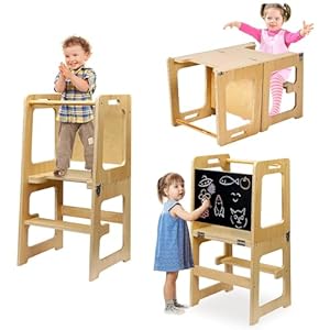 VECELO Foldable Toddler Tower Kitchen Stool for Kids Learning Tower with Anti Tip Railing Sturdy Frame Stable Anti Slip Toddler Kitchen Stool Helper with Chalkboard for Kitchen Bathroom