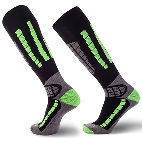 Pure Athlete Ski Socks Warm Merino Wool - Best Lightweight Thin Ski Snowboard Sock Women Men (1 Pair - Black/Neon Green, Large-X-Large) #TOP6