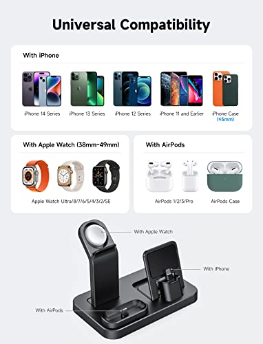 Rjr Updated 3 In 1 Charging Station For Apple Devices, Self Adjusting Charging Dock For Iwatch 8 7 6 Se 5 4 3 2 1, Built-In Charger Stand For Iphone Series Airpods Gifts (With 15W Adapter) Black #TOP6