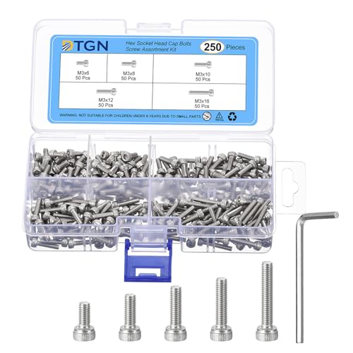 DTGN 250Pcs M3 Metric Screw Assortment, M3 Bolts Socket Head Screws