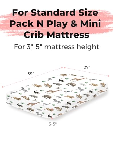 Image of Pack and Play Sheets 2 Pack, Fitted Jersey Knit Mini Crib Sheets for Baby Boys and Girls, Compatible with Graco Pack N Play and Mini Crib Mattress (Jungle Journey, Pack N Play /Mini Crib Sheets)
