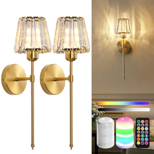 Battery Operated Crystal Wall Sconce Set of 2, Gold Rechargeable
