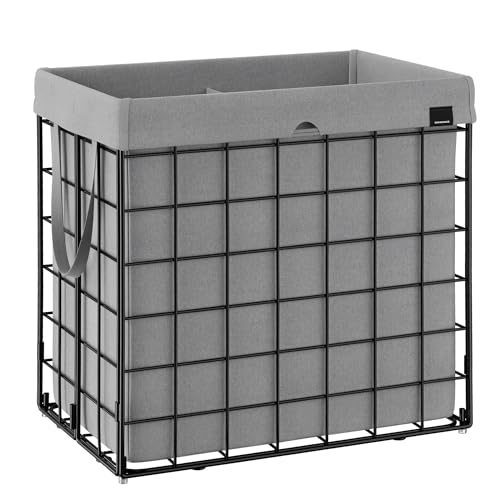 SONGMICS Laundry Hamper, 34.3 Gal. (130L) Laundry Basket, Collapsible Clothes Hamper, Removable and Washable Liner, Metal Wire Frame, for Bedroom Bathroom, Black and Gray ULCB113G01