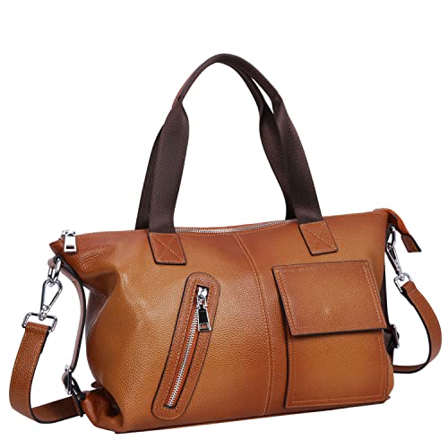 Iswee Shoulder Bag Genuine Leather Tote Purse For Women Vintage Satchel Bag Crossbody Handbag Casual Carry Travel Bag (Sorrel) #TOP16