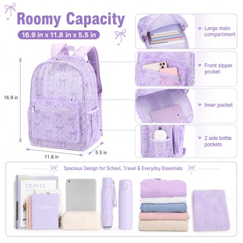LEDAOU Mesh Backpack for Kids Girls Semi-Transparent Mesh School Backpack Bookbag Lightweight Casual Daypacks (Bow Purple) by LEDAOU - Used condition - Image 5