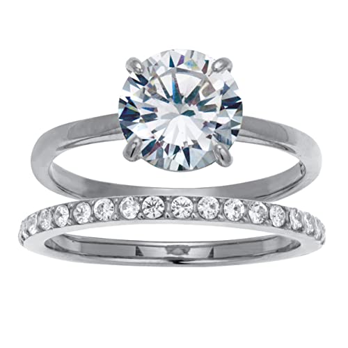 PalmBeach Stainless Steel Round Cubic Zirconia Bridal Ring Set Sizes 6-10 Size 7