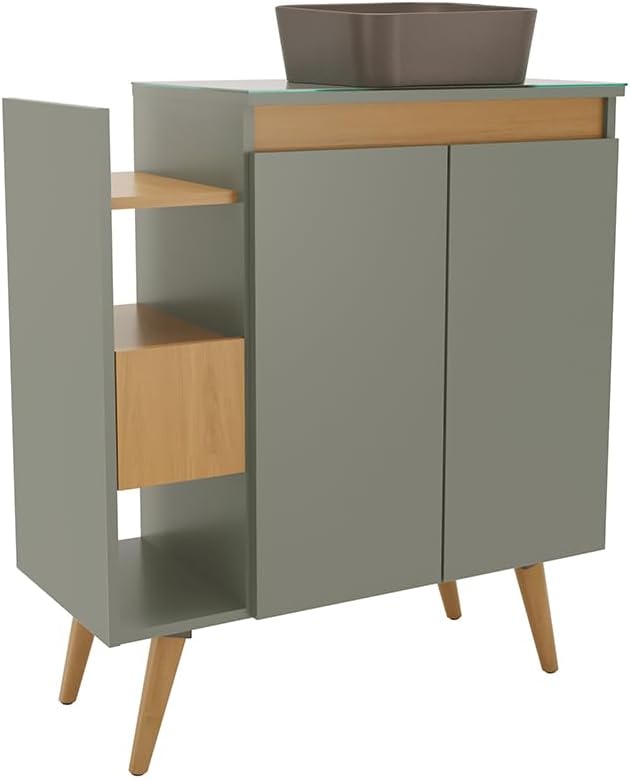 COZIMAX Groove 31" Bathroom Vanity with Ceramic Vessel Sink Tempered Glass Top and Soft Close Doors, 1 Drawer and 2 Niches, Wall Mounted or on Wood Feet (Green with Wood)