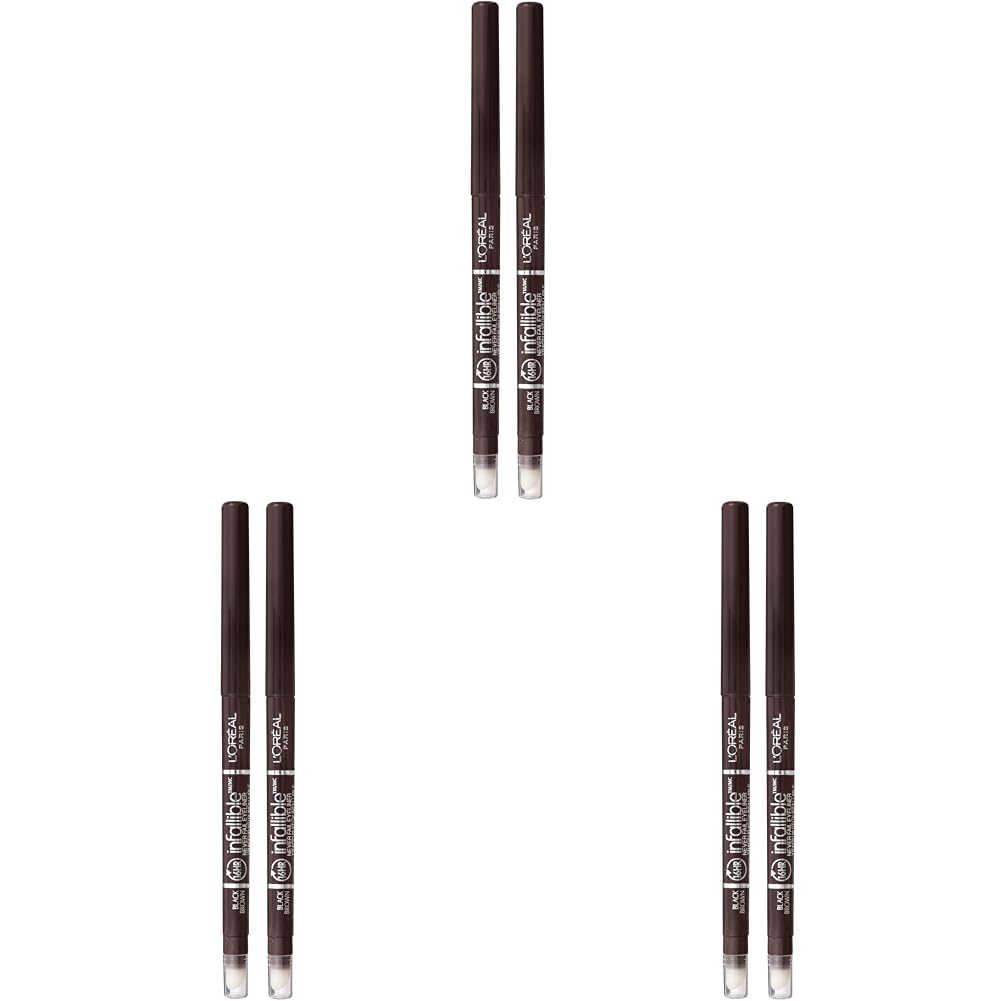 L'Oreal Paris Makeup Infallible Never Fail Original Mechanical Pencil Eyeliner with Built in Sharpener, Black Brown, 0.008 oz., 2 Count (Pack of 3)