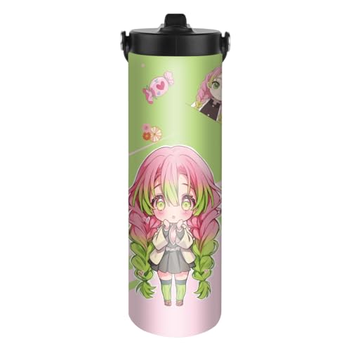 UBBY Demon Slayer Bouteille d'eau en acier inoxydable 590 ml - Bouteille de sport pliable en acier inoxydable avec paille - Design amusant de caricature pour voyage, travail, gym, sports (rose)