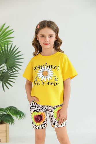 Image of Girls Summer Outfits Floral Print Shirt Yellow Short Sleeve Top and Biker Shorts Kids Clothing Sets 5-14 Years