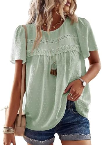 TUUHAW Top Damen Sommer Boho Bluse Kurzarm Oberteile Elegant Rundhals | Swiss Dot T Shirt, Süß Casual Tunika, Lässig Fließend Outfits, Spitze Herbst Kleidung, für Büro und Alltag,