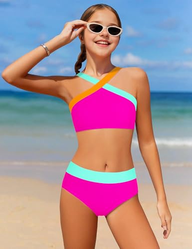 Image of Girls Swimsuits 2 Piece Bikinis Set Colorblock Bathing Suits Criss Cross Strap Girls' Swimwear