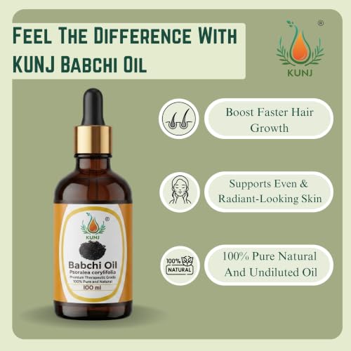 Image of KUNJ Babchi Oil 100ml - 100% Pure & Natural Cold Pressed Undiluted Babchi Oil for Skin, Face, Hair & Scalp Care | Supports Natural Glow, Smooth-Looking Skin & Hair Nourishment
