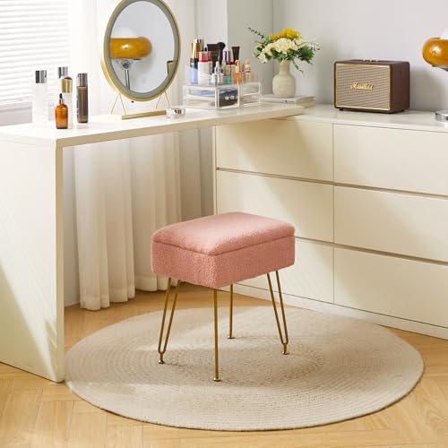 YMYNY Vanity Stool with Storage, Footstool, Square Makeup Vanity Chair, Ottoman Foot Rest with Soft Padded Seat for Bedroom Living Room Makeup Room 15.74\" D ×11.81\" W ×18.5\" H Pink UHBD031P