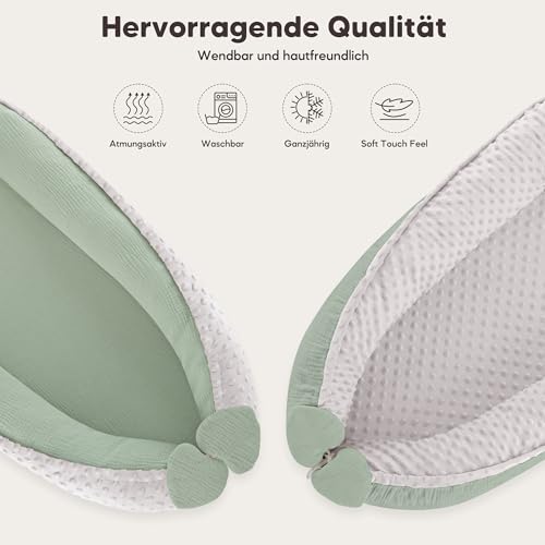 Bearmoss Babynestchen Kuschelnest Neugeborene Multifunktionale für Kinderbett Vielseitiges Tragbar Zweiseitig Babynestchen Bett 90x55cm(Grün)