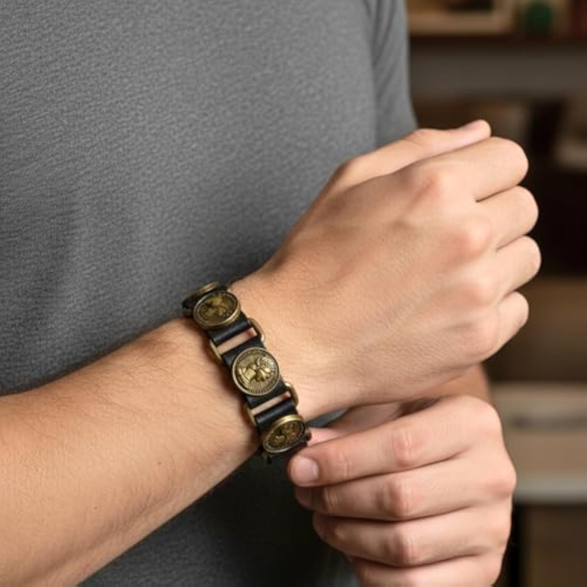 HERITAGE COIN Genuine Leather Adjustable Bracelet for Men and Boys