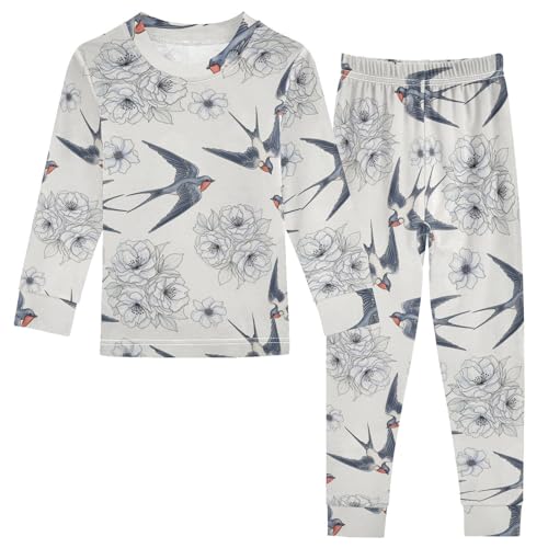 Pajama Sets Long Sleeve Birds Flowers Pattern Soft Comfy Sleepwear 2 Piece PJS 3-8T