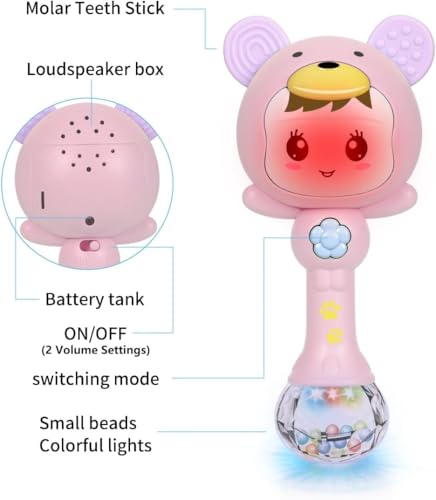 Image of Educational Baby Rattle, Electronic Light Musical Teether - Baby Sensory Sound Toys, 3-12 Months (Baby Pink)