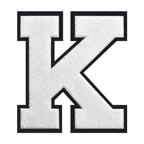 6.5" Jumbo White Varsity Letter Patches - Letter K - Iron on Large Chenille Alphabet Monogram for Letterman Jacket Back, Thick Towel Embroidered Applique for DIY Fashion & Senior Gear