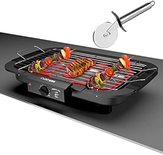2000 Watt Electric Barbecue Grill Smokeless Portable Adjustable Temperature Control Indoor And Outdoor For Home Removable Water Filled Drip Tray Bbq With Pizza Cutter, Free Standing, Black