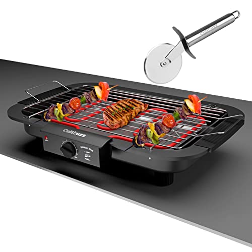 2000 Watt Electric Barbecue Grill Smokeless Portable Adjustable Temperature Control Indoor And Outdoor For Home Removable Water Filled Drip Tray Bbq With Pizza Cutter, Free Standing, Black
