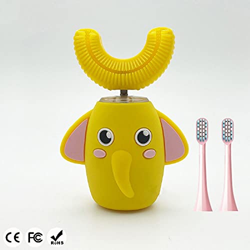 ANMAR U-Shaped Ultrasonic Electric Toothbrush for Kids, Elephant Design with 2 Soft Bristles Heads , IPX7 Waterproof Smart Timer, Rechargeable with 3 Type Cleaning Mode(Ages 7-12,Yellow)