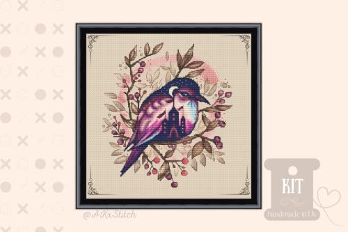 Fantasy Bird Cross Stitch Kit, Pink Purple Floral Embroidery Pattern of Moon & House in Twilight Dusk - Image 4