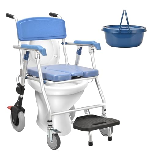 Silla Ducha WC con Ruedas Plegable, 3 En 1 Silla De Ruedas para Ducha E Inodoro Cómoda, Azul Taburete De Ducha Portátil para Personas Mayores Y Discapacitadas, Carga Máxima 150 Kg