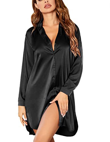 Ekouaer Silk Sleep Shirts for Women Sexy Button Up Night Gown Plus Size Nightshirt Soft and Comfy Night Dress Black M