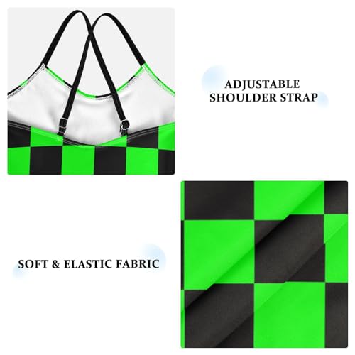 Black Green Squares Girls One Piece Swimsuits Sport Halter Swimwear Beach Bathing Suit 9-10T3