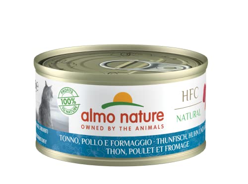 Almo Nature HFC Natural Katzenfutter nass - Thunfisch, Huhn und Käse 24er Pack (24 x 70g)