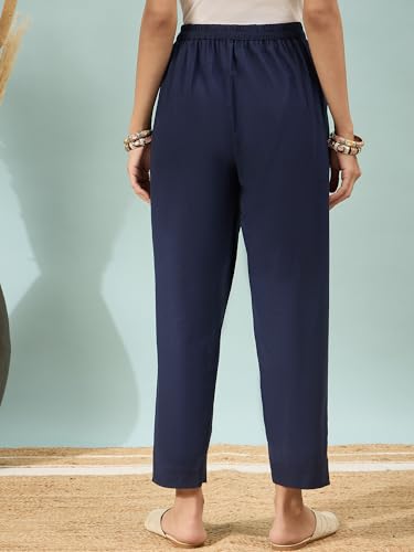 Image of D K W Women's Mid Rise Relaxed Fit Cotton Flex Trousers with Elastic Back & Drawstring - Ideal for Winter, Formal, Office & Casual Wear, Comfortable for Girls and Women