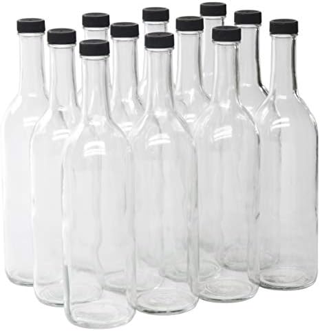 North Mountain Supply - W5CTCL-BKP 750ml Clear Glass Bordeaux Wine Bottle Flat-Bottomed Screw-Top Finish - with 28mm Black Plastic Lids - Case of 12