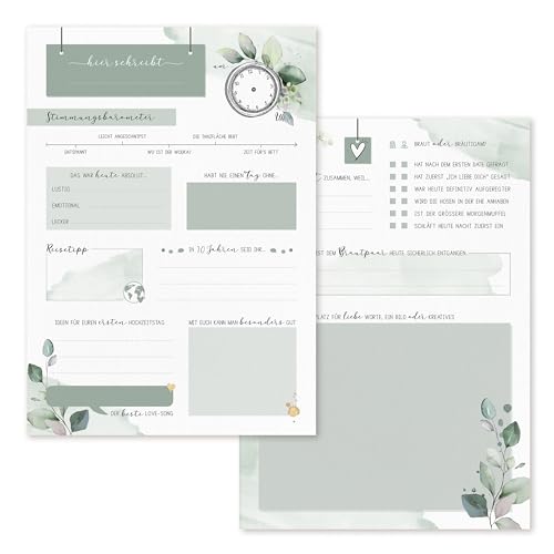 Gästebuchkarten für Hochzeit, 25er Set in DIN A5 (14,8x21cm), Hochzeitsspiel mit Fragen zum ausfüllen im Greenery Eukalyptus Look, Gästekarten als Gästebuch Alternative