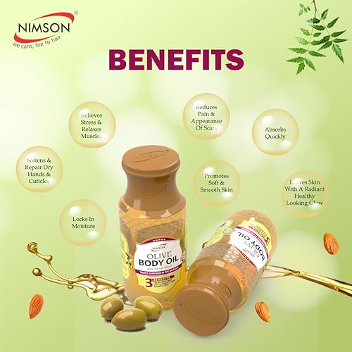 Image of Nimson Olive Body Massage Oil - 500ml x 2 | Deep Moisturization & Soothing Relief | Hydrating Formula with Italian Olives | For Dry Skin & Radiant Glow | Ethically Sourced