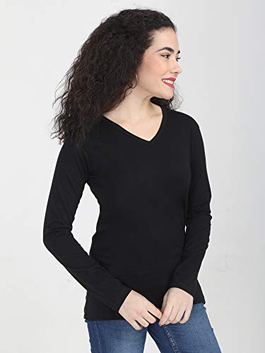 Image of FLEXIMAA Women's Cotton Plain V Neck Full Sleeve T-Shirt